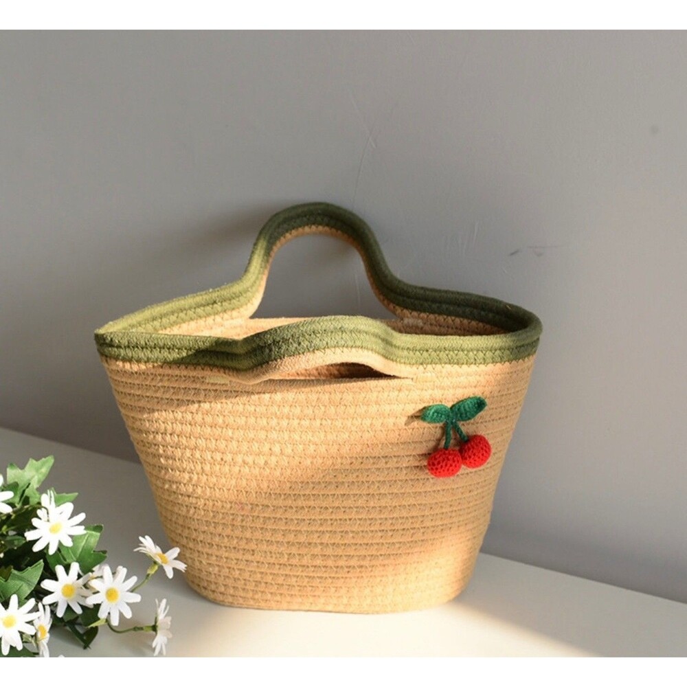 Cotton Handwoven Small Cherry Tote Bag Crochet Tan Green Coastal Cottagecore New - Picture 5 of 7